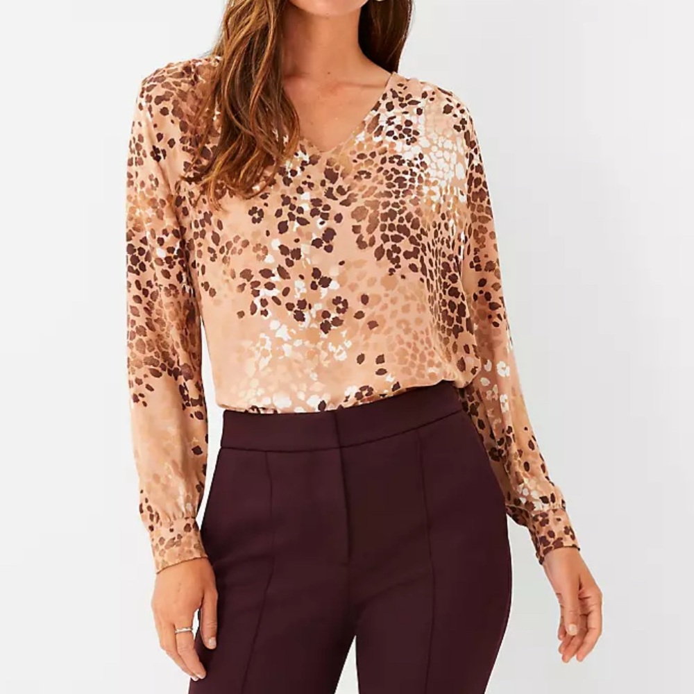 Ann Taylor Animal Print Mixed Media Shirred Shoulder Top NWT S